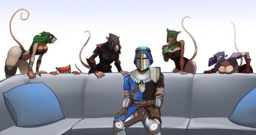 1boy 5girls anthro arm_wraps armor belt blep breasts chest_wraps cleavage clothed clothing dagger female grail_knight helmet hood human imminent_sex knife knight male markus_kruber mask melee_weapon meme pillow piper_perri_surrounded rat red_eyes rodent skaven sofa spacemaxmarine tongue tongue_out vermintide warhammer_(franchise) warhammer_40k