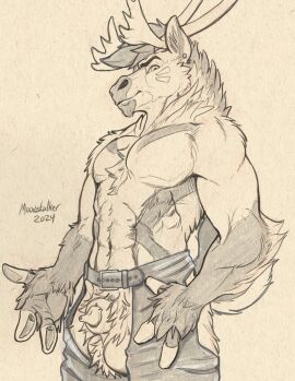 animal_genitalia anthro antlers balls belt cervine chaps deer ear_piercing fingers genitals hi_res hooved_fingers hooves horn looking_at_viewer male monochrome penis piercing richard_foley sepia sheath solo