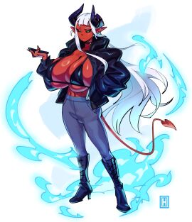 1girls aqua_eyes bangs big_breasts bikini_top black_sclera breasts choker demon demon_girl demon_horns demon_tail female female_only full_body hand_in_pocket heel_boots hi_res hime_cut horns jacket jeans leather_jacket looking_at_viewer lyla_(thehelmetguy) o-ring_choker pointy_ears red_skin solo tail thehelmetguy white_background