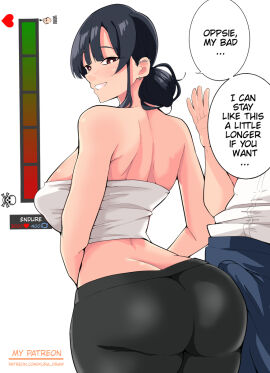 1boy 1girls 2024 ass black_hair breasts bulge bulge_under_clothes choker crop_top curvaceous curvy ear_piercing earrings english english_text erection erection_under_clothes erection_under_clothing female female_focus flirting grinding grinding_on_penis hi_res high_resolution highres hips huge_ass huge_breasts kuraido male penis piercing seductive seductive_look seductive_smile solo solo_female solo_focus speech_bubble teasing text tied_hair voluptuous wide_hips yoga_pants