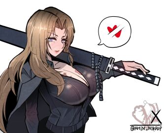 1girls artist_name blue_eyes blush breasts brown_hair busty cleavage clothed clothing female female_only heart_tattoo holding_weapon huge_breasts jacket_on_shoulders kurokumo_clan_(identity)_(project_moon) large_breasts limbus_company long_hair looking_at_viewer nikrop on_shoulders open_clothes open_mouth open_shirt parted_lips porkin project_moon rodion_(limbus_company) sheath simple_background solo sword tattoo tattoo_on_chest white_background