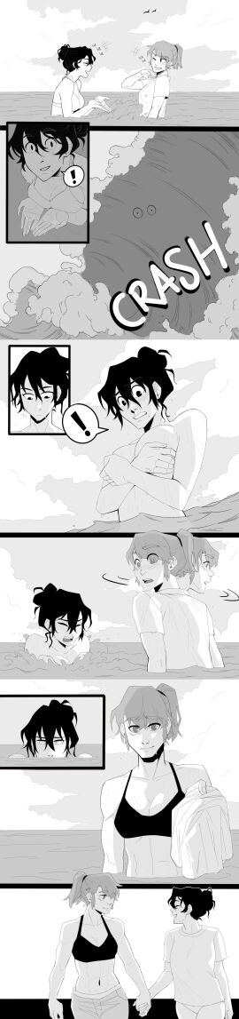 ! 2girls abs beach beauty_mark belly_button black_hair blush bra breasts cleavage clothed clothing covering_breasts cupping_breasts embarrassed embarrassed_nude_female evelyn_carter_(oliviajoytaylor) eyebrows_visible_through_hair female female_only giving_clothes greyscale hand_holding hi_res human jade_(oliviajoytaylor) light-skinned_female light_skin lost_clothes oliviajoytaylor onomatopoeia original original_character ponytail shirt speech_bubble toned toned_female topless water wave wholesome yuri