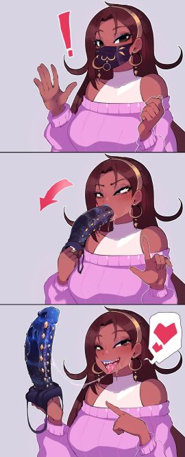 ! 1girls artist_self-insert bare_shoulders blue_eyeshadow blue_lips breasts brown_hair covered_mouth cute dark-skinned_female dark_skin deepthroat dildo dildo_gag dildo_reveal dildo_under_mask earrings eyeshadow fellatio female flipped_hair forehead gagged gold_hairband grey_background grey_eyes hairband halterneck highres hoop_earrings jewelry large_breasts lipstick looking_at_viewer makeup mask meme mouth_mask no_gag_reflex off-shoulder_sweater off_shoulder oral petite pink_sweater pulling_out real_life ribbed_sweater ring_pull sharp_teeth slim slit_pupils solo spoken_heart stealth_fellatio stealth_sex surgical_mask sweater teenager thiccwithaq throat_training tsona_(nyantcha) waving