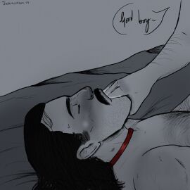 2boys arm_hair beard_stubble blush body_hair calm chest_hair closed_eyes collar cum dominant_male drool drooling dutch_van_der_linde english_text facial_hair fingers_in_mouth gay good_boy hosea_matthews male male/male male_only moustache no_sex no_visible_genitalia offscreen_character offscreen_male old_man_yaoi on_back on_bed open_mouth pecs praise praise_kink red_collar red_dead_redemption_(series) red_dead_redemption_2 romantic_ambiance submissive_male sucking sucking_fingers suggestive suggestive_fluid wastelandwolff yaoi