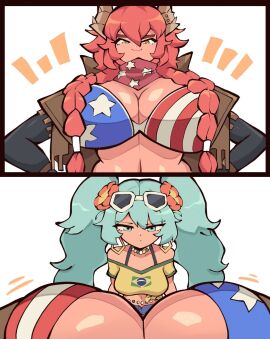 2girls american_flag_bikini artist_request bare_shoulders bead_necklace big_breasts bikini blue_eyes blue_hair blue_shorts braid braided_hair brazilian brazilian_miku breast_envy breast_size_difference breasts cleavage confident cowboy_jacket dragon dragon_girl earrings female female_only female_pov flower flower_in_hair fringe_trim glasses glasses_on_head hair_between_eyes hair_flower hair_ornament hand_on_hip hatsune_miku hi_res horn horns huge_breasts jealous long_hair long_sleeves midriff necklace open_jacket pov red_hair scarf sidelocks size_difference smirk sunglasses sunglasses_on_head taller_female tan_body tied_shirt twintails virtual_youtuber vocaloid voluptuous western_jacket western_wear yellow_eyes yellow_shirt zentreya zentreya_(cowboy_bikini)