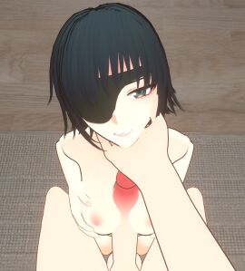 1boy 1girls 3d big_breasts black_hair blue_eyes breasts chainsaw_man eyepatch female grabbing_own_breast himeno_(chainsaw_man) kneeling looking_at_viewer male one_eye_covered paizuri penis penis_between_breasts pressing_breasts_together sex short_hair smile