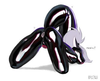 1girls anthro anus arms_tied ass bassenji beverage bitchsuit black_body black_fur blush bondage bound breasts canid canid_demon canine canis collar collar_only demon ear_piercing ear_ring encasement female fur gag gagged hellhound helluva_boss latex latex_transformation loona_(helluva_boss) mammal mythological_canine mythological_creature mythology nude piercing ring_piercing simple_background small_breasts solo transformation white_body white_fur wolf