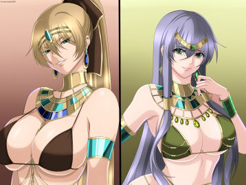 2girls athena_(saint_seiya) big_breasts bikini blonde_hair blue_eyes breasts cleavage crane_yuzuriha dancer duo egyptian_clothes female female_only harem_outfit ingridd88 jewelry large_breasts long_hair looking_at_viewer ponytail purple_hair saint_seiya saint_seiya:_the_lost_canvas sasha_(saint_seiya) silver_saints smile swimsuit upper_body