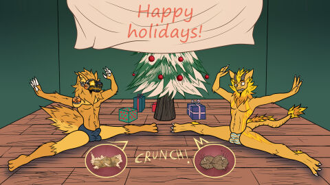 16:9 4k absurd_res anthro ballbusting balls bulge christmas christmas_tree clothed clothing cock_and_ball_torture detailed_background detailed_bulge dragon duo erection erection_under_clothing flat_colors flexible fluffy fluffy_tail fur furred_dragon furred_scalie genital_torture genitals hi_res holidays horn kimero_kat machine male male_only mostly_nude mythological_creature mythological_scalie mythology nardoragon neck_tuft pain plant pose protogen scalie splits spread_legs spreading tail text tree tuft visor widescreen