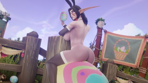 3d ass big_ass black_hair blizzard_entertainment blue_eyes bunny_ears bunny_girl easter egg female holding_egg kynalea_dawnfire looking_at_viewer morilymory night_elf noblegarden original_character roleplay_character stockings tagme warcraft world_of_warcraft