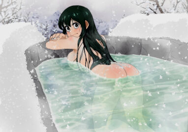 ass back back_view backboob bare_arms bare_back bare_legs bare_shoulders bare_thighs bathing big_breasts body_blush breasts cheese_cat_(artist) completely_nude female frog_girl green-haired_female green_eyes green_hair hot_spring long_hair my_hero_academia nude onsen outdoors partially_submerged snow snowing thighs tsuyu_asui turning_head water wet_body winter