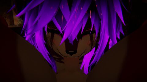 blush closed_eyes deepthroat female furry furry_female futa_only futanari purple_body purple_hair red_body shiny shiny_hair sucking_penis teeth vrchat vrchat_avatar