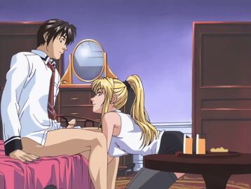 00s 1boy 1girls 2001 animated assertive_female bed bedroom bible_black bible_black_night_of_the_walpulgiss blonde_hair bottomless breasts brown_hair drink female green_eyes handjob highres kneeling large_breasts legs long_hair looking_at_another minase_taki mirror naughty_face necktie penis penis_grab ponytail purple_eyes saeki_kaori school_uniform short_hair skirt sleeveless smile straight tagme thighhighs thighs