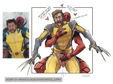 2boys balls boner claws cum deadpool deadpool_&_wolverine_(2024) dialogue english_text erection gay handjob heart hugh_jackman logan_(x-men) male male/male male_only martovskiy_zayac marvel marvel_comics masculine mask penis ryan_reynolds speech_bubble superhero_costume testicles wade_wilson wolverine_(x-men) x-men yaoi