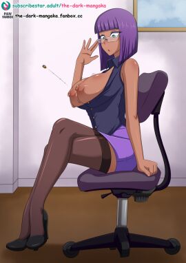 2d areolae big_breasts bob_cut breasts bursting_breasts busty capcom cyan_eyes egyptian egyptian_female female glasses high_heels hourglass_figure large_breasts legwear menat_(street_fighter) miniskirt nipples nylons office_lady purple_hair secretary short_hair skirt sleeveless sleeveless_shirt stockings street_fighter tagme the_dark_mangaka vest wardrobe_malfunction wide_hips