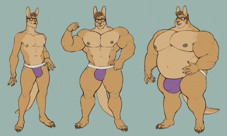 abs anthro belly big_belly bulge claws clothed clothing dangaroo eyewear genital_outline glasses growth hi_res jockstrap jockstrap_only kangaroo leaning macropod male mammal marsupial muscle_growth musclegut muscles muscular muscular_male nipples overweight overweight_male pecs smile solo thick_thighs topless underwear underwear_only weight_gain yasano