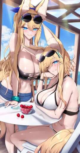 2girls absurdres animal_ear_fluff animal_ears bandeau bikini black_bandeau black_tube_top blonde_hair blue_eyes breasts eyewear_on_head female food fox_ears fox_girl fox_tail fruit highres huge_breasts layered_bikini long_hair looking_at_viewer multiple_females multiple_girls one_eye_closed original shiroshisu smile strapless strawberry sunglasses swimsuit tail tube_top