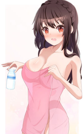 1girls armpits bare_arms bare_legs bare_shoulders bare_thighs big_breasts blush body_blush braid breasts brown_hair bunny1219 cleavage collarbone embarrassed female female_only kono_subarashii_sekai_ni_shukufuku_wo! long_hair naked_towel open_mouth pink_towel red_eyes solo thighs towel towel_only wet_body wet_hair yunyun_(konosuba)