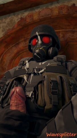 1boy 3d armor bara close-up cum cum_on_clothes cum_on_face cum_on_self ejaculation foreskin fully_clothed gas gas_mask gasmask gay gear gloves helmet hunk_(resident_evil) male male_focus male_only masculine mask masked masked_male masturbation military military_jacket military_uniform penis penis_out resident_evil signature sitting solo solo_male taker_pov uncircumcised uniform unseen_male_face vest wavesplitter yaoi