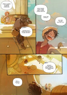 1girls against_wall boat comic detailed_background english_text female gay going_merry holding_hands male monkey_d_luffy multiple_boys multiple_males nami_(one_piece) olu1132 one_piece pre-timeskip roronoa_zoro ship stealth_sex usopp vinsmoke_sanji yaoi