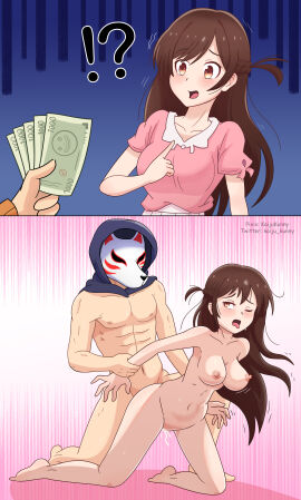 1boy barefoot big_breasts breasts comic completely_nude cum female kaijukunny kanojo_okarishimasu kitsune_mask male mask mizuhara_chizuru money nude prostitution sex_from_behind straight tongue tongue_out