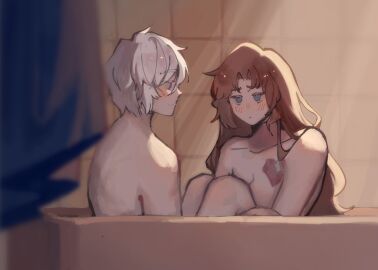 2girls bath bathtub blue_eyes blush brown_hair female limbus_company long_hair nude project_moon rodion_(limbus_company) short_hair sonya_(limbus_company) tattoo white_hair