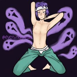 ghosts_in_background no_shirt pants_down_slightly purple_background purple_hair reita reita_toritsuka saiki_kusuo_no_psi_nan shirtless suggestive suggestive_look suggestive_pose toritsuka toritsuka_reita underwear_showing