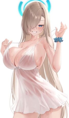 1girls artist_request asuna_(blue_archive) big_breasts blue_archive breasts clothed female hair_over_one_eye halo mole_on_breast negligee nightwear