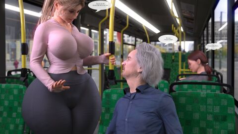 1boy 2girls 3d age_difference breasts bus bus_interior clothing curvaceous curvy dialogue english_text female large_breasts leggings light-skinned_female light-skinned_male light_skin looking_at_another male multiple_females multiple_girls older_male rev2019 thick_thighs vehicle vehicle_interior white_hair wide_hips younger_female