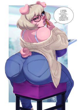 ass ass_focus beige_sweater big_ass big_boobs big_breasts big_butt blonde_hair blue_jeans boobs boobs_and_butt_pose breasts butt butt_focus chubby chubby_female curly_tail dumptruck_ass emelie_(cyancapsule) exposed_shoulders furry glasses holding_object holding_pencil jeans pencil pig pig_ears pig_girl pig_nose pig_tail pink_skin plump sitting sitting_on_stool speech_bubble sweater text text_bubble tovio_rogers