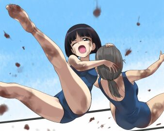 2girls a1_(initial-g) ass barefoot black_hair blue_eyes blue_one-piece_swimsuit blush catfight dirty dirty_feet feet female girls_und_panzer grey_hair multiple_females multiple_girls one-piece_swimsuit one_eye_closed open_mouth piyotan_(girls_und_panzer) ponytail soles sono_midoriko swimsuit toes wrestling