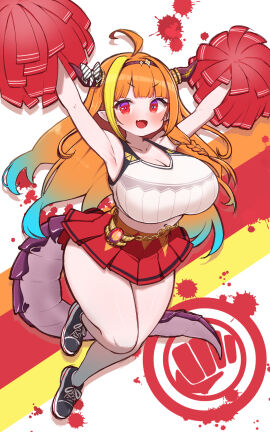 ahoge alternate_costume armpits arms_up bare_shoulders blonde_hair blue_hair blunt_bangs breasts cheering cheerleader cleavage commentary_request cross-laced_footwear cute_fang dragon_girl dragon_horns dragon_tail female gradient_hair highres holding holding_pom_poms holoforce hololive hololive_japan horns huge_breasts kani_bonara kiryu_coco long_hair midriff miniskirt multicolored_hair oerba_yun_fang open_mouth orange_hair outstretched_arms pom_pom_(cheerleading) red_eyes red_skirt shoes sideways_glance skin_fang skirt smile sneakers solo sports_bra spread_arms standing standing_on_one_leg tail thighs two-tone_eyes v-shaped_eyebrows very_long_hair virtual_youtuber white_sports_bra