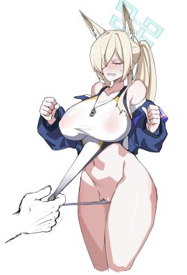 1other absurdres ambiguous_gender animal_ears blue_archive breasts clenched_hands closed_eyes collarbone female hair_over_one_eye highres jujacksen kanna_(blue_archive) kanna_(swimsuit)_(blue_archive) large_breasts long_hair navel official_alternate_costume one-piece_swimsuit pussy sharp_teeth simple_background solo_focus standing stomach swimsuit teeth thighs valkyrie_police_academy_swimsuit whistle whistle_around_neck white_background white_one-piece_swimsuit