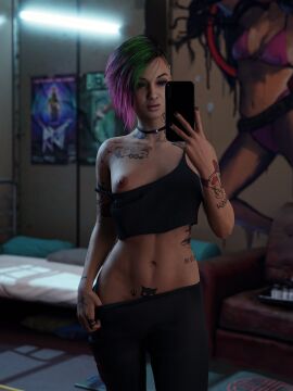 1girls 3d abs areolae arm_tattoo asymmetrical_hair breasts brown_eyes chest_tattoo choker cyberpunk_2077 detailed_background eyeliner female female_only finger_tattoo fit fit_female green_and_purple_hair greengiant3d holding_phone indoors judy_alvarez leggings leggings_pull looking_at_phone medium_breasts midriff multicolored_hair navel neck_tattoo nipples one_breast_out one_breast_out_of_clothes painted_nails pink_and_green_hair plump_lips pubic_tattoo selfie selfie_pose shaved_side short_hair shoulder_tattoo side_tattoo solo standing tank_top tank_top_down tattoos_everywhere