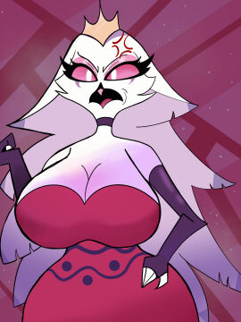 anatid anseriform anserinae anthro avian big_breasts bird breasts clothed clothing demon digital_media_(artwork) female fur helluva_boss hi_res huge_breasts madameeclipse simple_background solo stella_(helluva_boss) swan thick_thighs