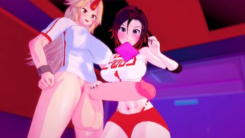 3d 3d_animation after_sex animated black_hair blonde_hair condom cum cum_in_pussy cum_inflated_belly cum_inside excessive_cum from_behind from_behind_position gym_shirt gym_shorts gym_uniform heart-shaped_pupils horn hoshiguma_yuugi huge_balls huge_breasts huge_cock inflation long_hair longer_than_30_seconds manacles nipple_piercing nipples no_sound peace_sign posing_with_penis rear_naked_choke red_eyes ruby_rose rwby short_hair shorter_than_one_minute silver_eyes sportswear standing standing_sex stomach_bulge tagme touhou video