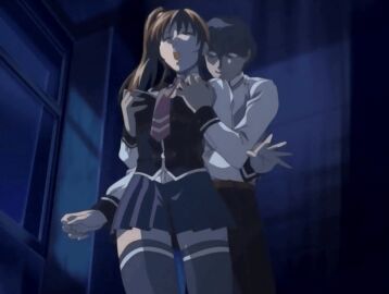 00s 1boy 2006 animated arms_behind_back bible_black bible_black_only black_thighhighs breasts brown_hair buttons closed_eyes female female_focus grabbing_another's_breast grope_from_behind groping hair_ornament hand_on_mouth imari_kurumi large_breasts lowres male miniskirt necktie restrained school school_uniform shirt skirt standing tagme thighhighs white_shirt window zettai_ryouiki