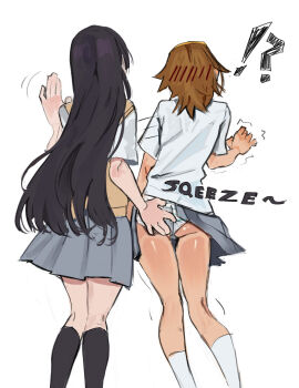 !? 2girls ass ass_grab black_hair black_socks blush brown_hair embarrassed english_text female female_only from_behind hanabimiya k-on! long_hair mio_akiyama_(k-on!) panties pleated_skirt ritsu_tainaka_(k-on!) sakuragaoka_high_school_uniform shimapan short_hair simple_background skirt socks standing striped_panties tagme text underwear white_background white_socks