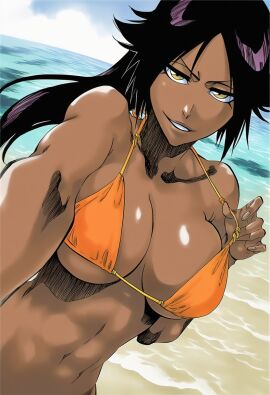 1girls abs accurate_art_style accurate_body_type beach belly_button bikini bikini_pull bikini_top bikini_top_only black_hair bleach breast_focus breasts clavicle cleavage collarbone curvaceous curvy dark-skinned_female dark_skin day digital_media_(artwork) dutch_angle fanart fat_breasts female female_focus female_only flat_belly grin highres large_breasts lifted_by_self long_hair looking_at_viewer medium_breasts naughty_face navel ocean orange_bikini parted_bangs parted_lips ponytail purple_hair reaching reaching_towards_viewer shihouin_yoruichi shiny_hair shiny_skin sky smile solo solo_female solo_focus standing strap_lift strap_pull swimsuit teasing tite_kubo_style toned toned_female underboob upper_body water yellow_eyes ㅇㅇ