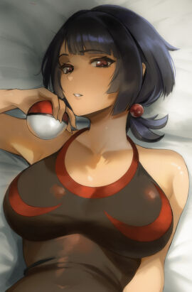 bed_sheet big_breasts black_hair black_shirt breasts commentary creatures_(company) female flamboyant game_freak halterneck highres holding holding_poke_ball large_breasts looking_at_viewer lying nintendo on_back parted_lips poke_ball pokemon pokemon_oras red_eyes red_shirt shirt short_hair short_ponytail sleeveless solo tomboy tommy_(kingdukeee) traditional traditional_clothes two-tone_shirt zinnia_(pokemon)