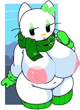 big_breasts breasts breasts_out cassettedream dream-cassette female green_mittens green_scarf hello_kitty hello_kitty_(character) hello_kitty_(series) hoshime kitty_white mittens naked naked_female nude nude_female sanrio scarf