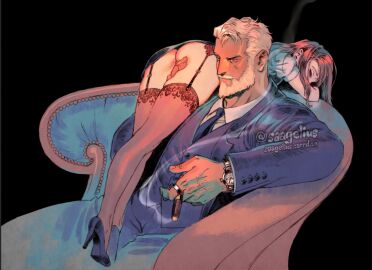 1boy 1girls age_difference armchair beard between_legs black_background blue_jacket blue_suit carrying_over_shoulder chloe_(saagelius) cigar couch dilf facial_hair female formal_clothes garter_straps hand_between_legs height_difference hetero high_heels highres holding holding_cigar jacket jean_(saagelius) jewelry looking_back male miniskirt mustache necktie old_male older_male older_male_and_younger_female on_couch petite petite_body petite_female pumps ring saagelius skinny_female skirt smoke smoke_trail stockings suit white_beard white_hair white_mustache wristwatch