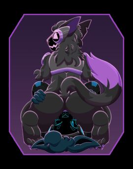 absurd_res anthro ass backsack balls ballsack blue_body blue_fur cybernetics duo enoopycat facesitting feet fur genitals grey_body grey_fur hi_res lying machine male male/male nude on_back one_eye_closed protogen purple_body purple_fur rear_view screen screen_face sex simple_background sitting_on_another smile tail visor zephyr_(zephyrprotocol)