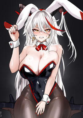 1girls aegir_(azur_lane) angry annoyed azur_lane blush breasts cleavage earrings fake_animal_ears fake_rabbit_ears female female_only heiz_illust horns huge_breasts iron_blood_(azur_lane) light-skinned_female light_skin nose_blush painted_nails red_hair red_nails secretly_loves_it solo two-tone_hair white_hair wrist_cuffs yellow_eyes