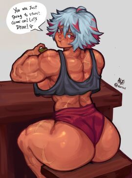 2022 ahoge al3s artist_name artist_signature ass back_muscles big_breasts breasts crop_top dialogue_bubble female looking_at_viewer muscles muscular muscular_arms muscular_ass muscular_back muscular_female red_hair red_highlights scar shionne_(al3s) short_hair sideboob sitting sitting_on_stool speech_bubble stool table tan-skinned_female tan_body tan_skin thick_ass wedgie white_hair