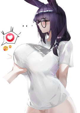 1boy 1girls 2024 animal_ears big_breasts blush breast_grab breasts bunny_ears bunny_girl emoji female glasses groping heart hi_res kemonomimi krirk light-skinned_female light_skin male no_bra no_panties nude nude_female oc original_character purple_hair round_glasses simple_background standing