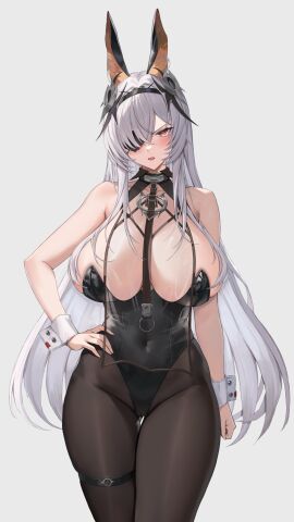 animal_ears ass_visible_through_thighs azur_lane bare_shoulders between_breasts black_leotard black_pantyhose blush breasts cg cleavage collar covered_navel cowboy_shot eyepatch fake_animal_ears female fritz_rumey_(azur_lane) fritz_rumey_(schwarzes_kaninchen)_(azur_lane) grey_background grey_hair hair_over_one_eye hand_on_own_hip highleg highleg_leotard large_breasts leotard long_hair looking_at_viewer one_eye_covered pantyhose playboy_bunny rabbit_ears red_eyes simple_background solo standing strapless_leotard thigh_gap thigh_strap very_long_hair white_background white_hair wrist_cuffs
