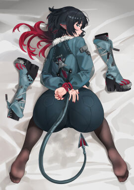 absurdres animal_ear_piercing animal_ears arms_behind_back arms_bound arms_tied arms_tied_behind_back ass bed bed_sheet black_hair black_pantyhose bondage boots boots_removed bound bound_arms bound_hands bound_wrists captured chuck_(harfmoondark) feet female female_only femsub fingernails from_above fur-trimmed_jacket fur_trim gradient_hair green_eyes green_jacket green_shorts helpless hi_res high_resolution highres jacket jane_doe_(zenless_zone_zero) kidnapped kidnapped_girl laying_on_bed long_fingernails long_hair long_sleeves looking_at_viewer mouse_ears mouse_girl mouse_tail multicolored_hair nail_polish no_shoes on_bed pantyhose parted_lips powerless red_hair red_nails red_rope restrained restrained_arms restraints rope rope_bondage shorts slave slave_girl soles solo streaked_hair submissive submissive_female tagme tail tied tied_arms tied_hands tied_up toes turning_head two-tone_hair unworn_footwear wrists_tied zenless_zone_zero