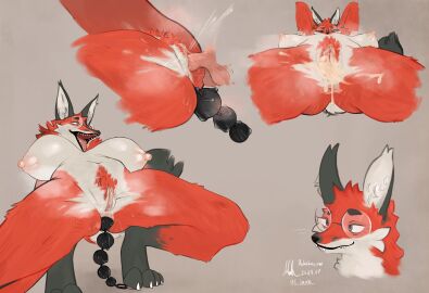 absurd_res anal_beads anthro areola breasts canid canine claws dum eyewear female fox fox_nun_(bebebebebe) genitals glasses hi_res human male mammal muhthecow nipples nude penis sex sex_toy solo tail