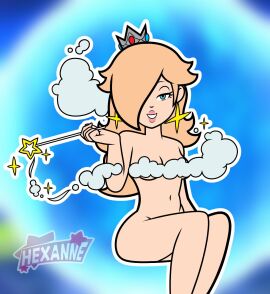 accurate_art_style breasts cloud convenient_censoring convenient_censorship earrings female hexanne mario_(series) nude pinup princess_rosalina sitting super_mario_galaxy tagme